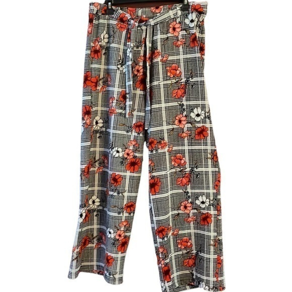 New Plus Size Hot Kiss Dark Checkered Floral Pants Flare Legs Size 1X